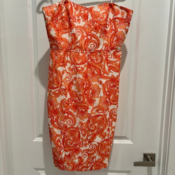 JCrew Collection Orange Paisley Silk and Linen Size 12 Strapless Dress EUC - Picture 2 of 7